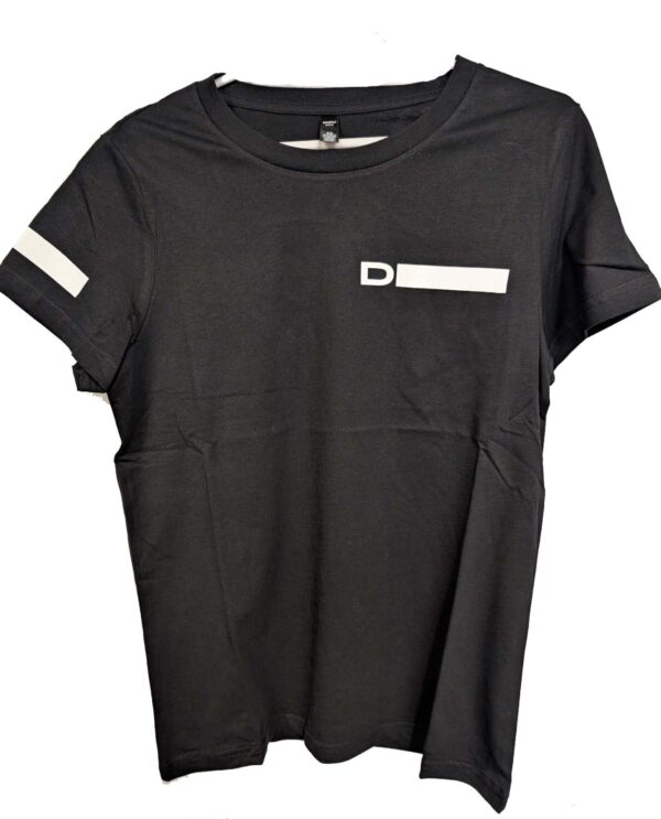 Womens' Dutton One Black Tee Shirt Front , Sleeve and Back Logo